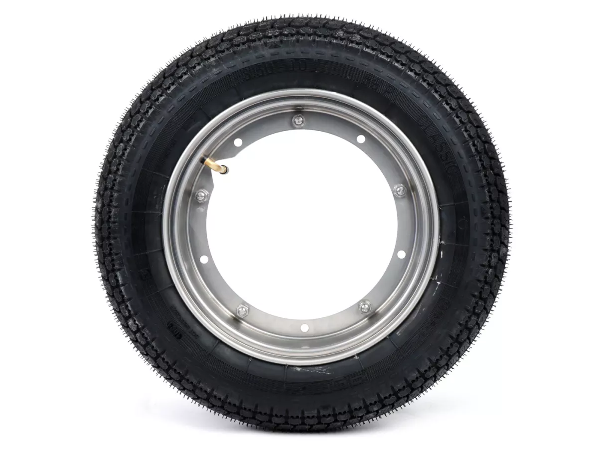 Compleet wiel (band gemonteerd op velg, klaar om te rijden) -BGM Classic, Vespa Largeframe PX, Sprint, Rally, GT, GTR, TS, T4, LML Star/Stella- 3.50 - 10 inch TT 59S (versterkt) - Velg roestvrij staal 2.10- 10- -BGM Classic.