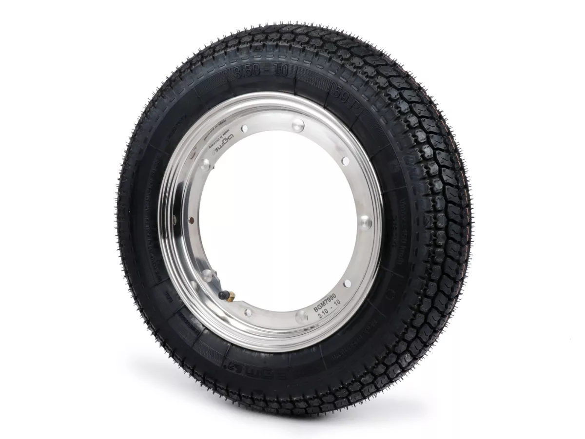 Compleet wiel (band gemonteerd op velg, klaar om te rijden) -BGM Classic, Vespa Largeframe PX, Sprint, Rally, GT, GTR, TS, T4, LML Star/Stella- 3.50 - 10 inch TT 59S (versterkt) - Velg roestvrij staal 2.10- 10 - gepolijst