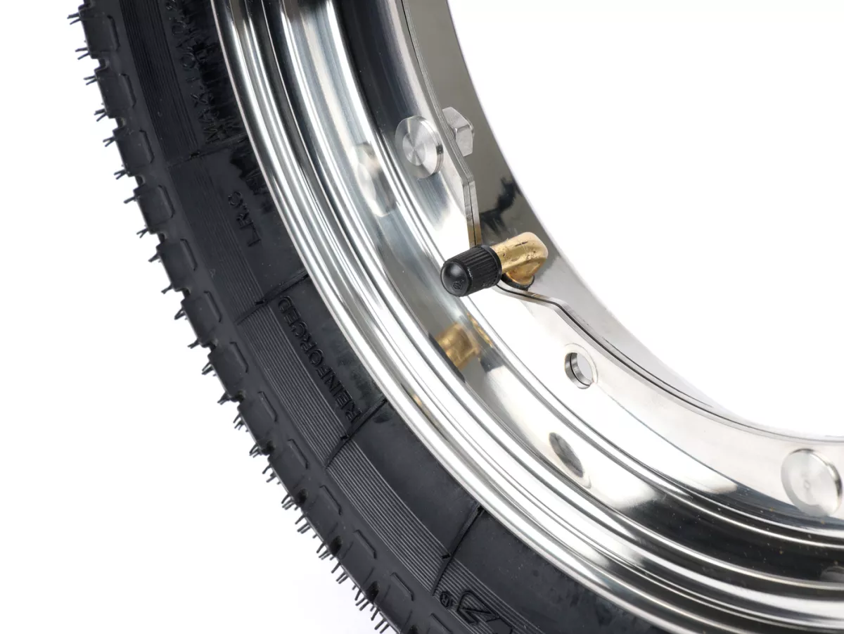 Compleet wiel (band gemonteerd op velg, klaar om te rijden) -BGM Classic, Vespa Largeframe PX, Sprint, Rally, GT, GTR, TS, T4, LML Star/Stella- 3.50 - 10 inch TT 59S (versterkt) - Velg roestvrij staal 2.10- 10 - gepolijst