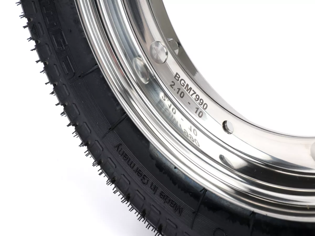 Compleet wiel (band gemonteerd op velg, klaar om te rijden) -BGM Classic, Vespa Largeframe PX, Sprint, Rally, GT, GTR, TS, T4, LML Star/Stella- 3.50 - 10 inch TT 59S (versterkt) - Velg roestvrij staal 2.10- 10 - gepolijst