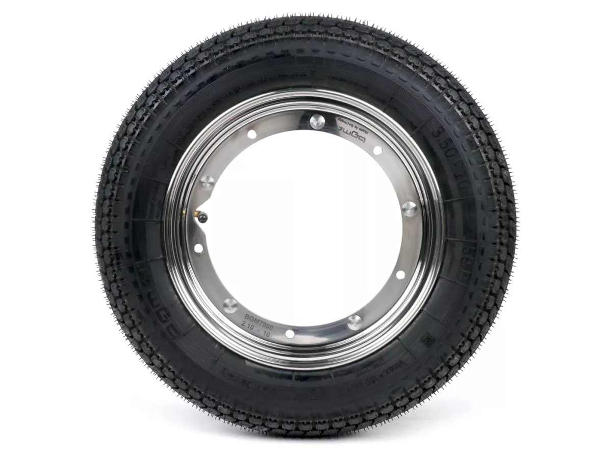 Compleet wiel (band gemonteerd op velg, klaar om te rijden) -BGM Classic, Vespa Largeframe PX, Sprint, Rally, GT, GTR, TS, T4, LML Star/Stella- 3.50 - 10 inch TT 59S (versterkt) - Velg roestvrij staal 2.10- 10 - gepolijst