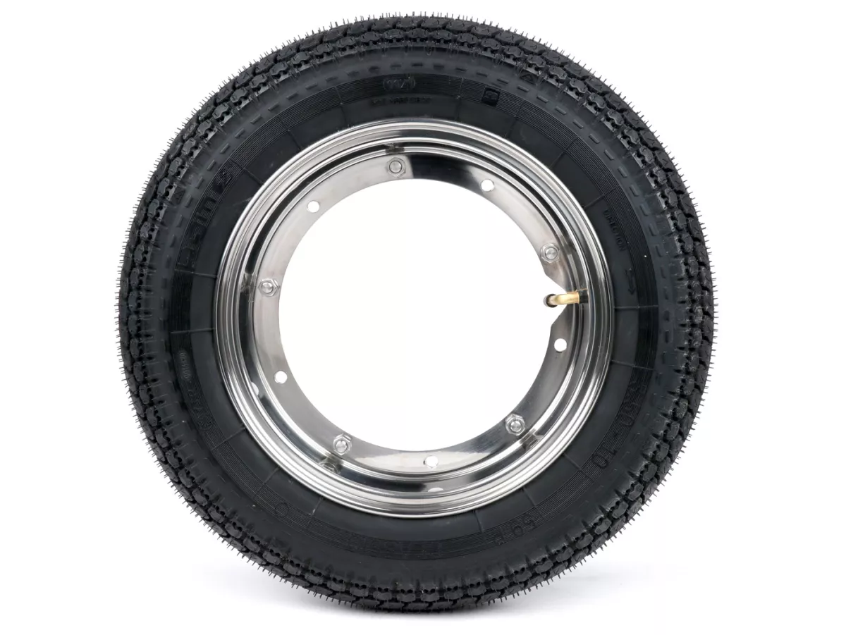 Compleet wiel (band gemonteerd op velg, klaar om te rijden) -BGM Classic, Vespa Largeframe PX, Sprint, Rally, GT, GTR, TS, T4, LML Star/Stella- 3.50 - 10 inch TT 59S (versterkt) - Velg roestvrij staal 2.10- 10 - gepolijst
