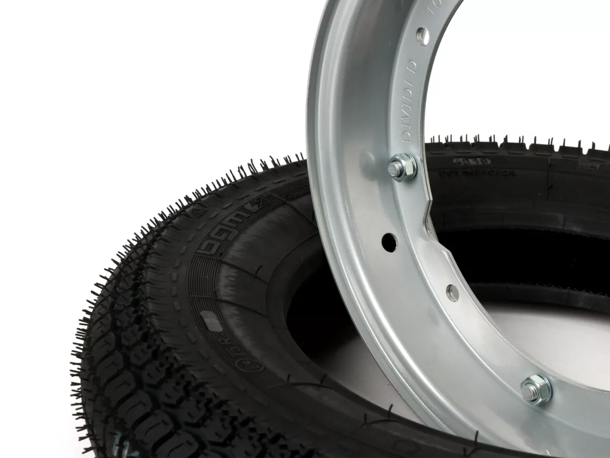 Däck komplett uppsättning -BGM Classic, Vespa- 3.50 - 10 tum TT 59P (förstärkt) - Fälg 2.10-10 Grå