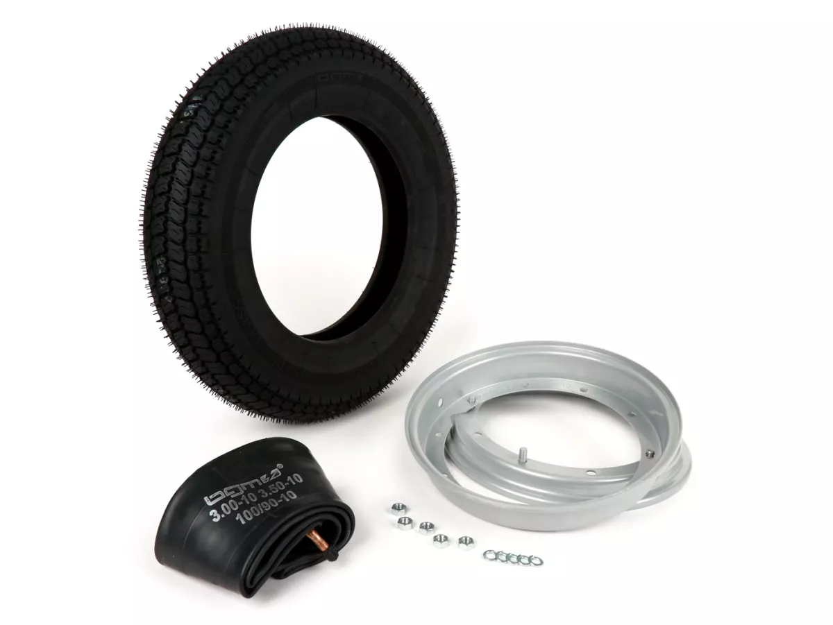 Däck komplett uppsättning -BGM Classic, Vespa- 3.50 - 10 tum TT 59P (förstärkt) - Fälg 2.10-10 Grå