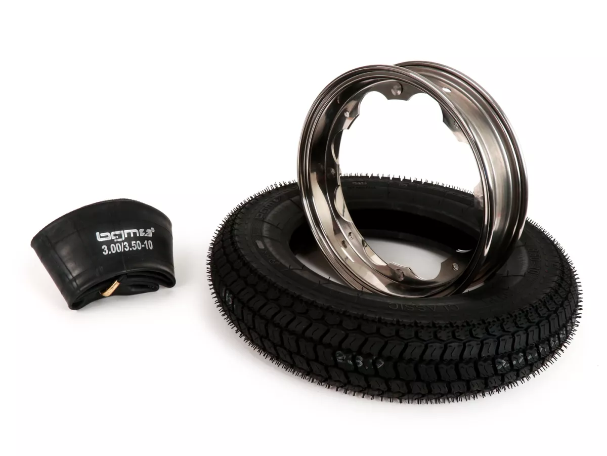 Bandenset -BGM Classic, Lambretta- 3.50 - 10 inch TT 59P (versterkt) - velg 2.15-10 gepolijst roestvrij staal