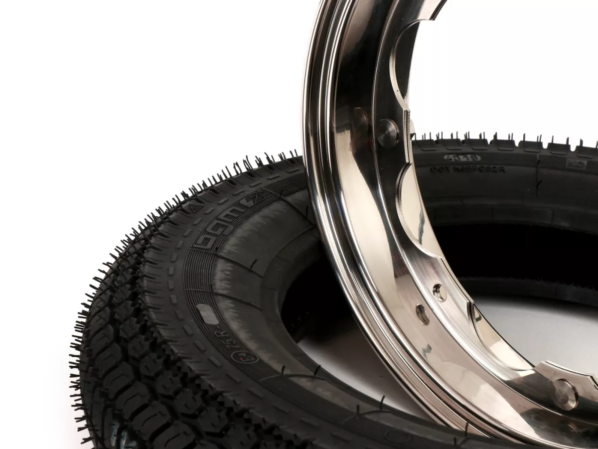 Bandenset -BGM Classic, Lambretta- 3.50 - 10 inch TT 59P (versterkt) - velg 2.15-10 gepolijst roestvrij staal