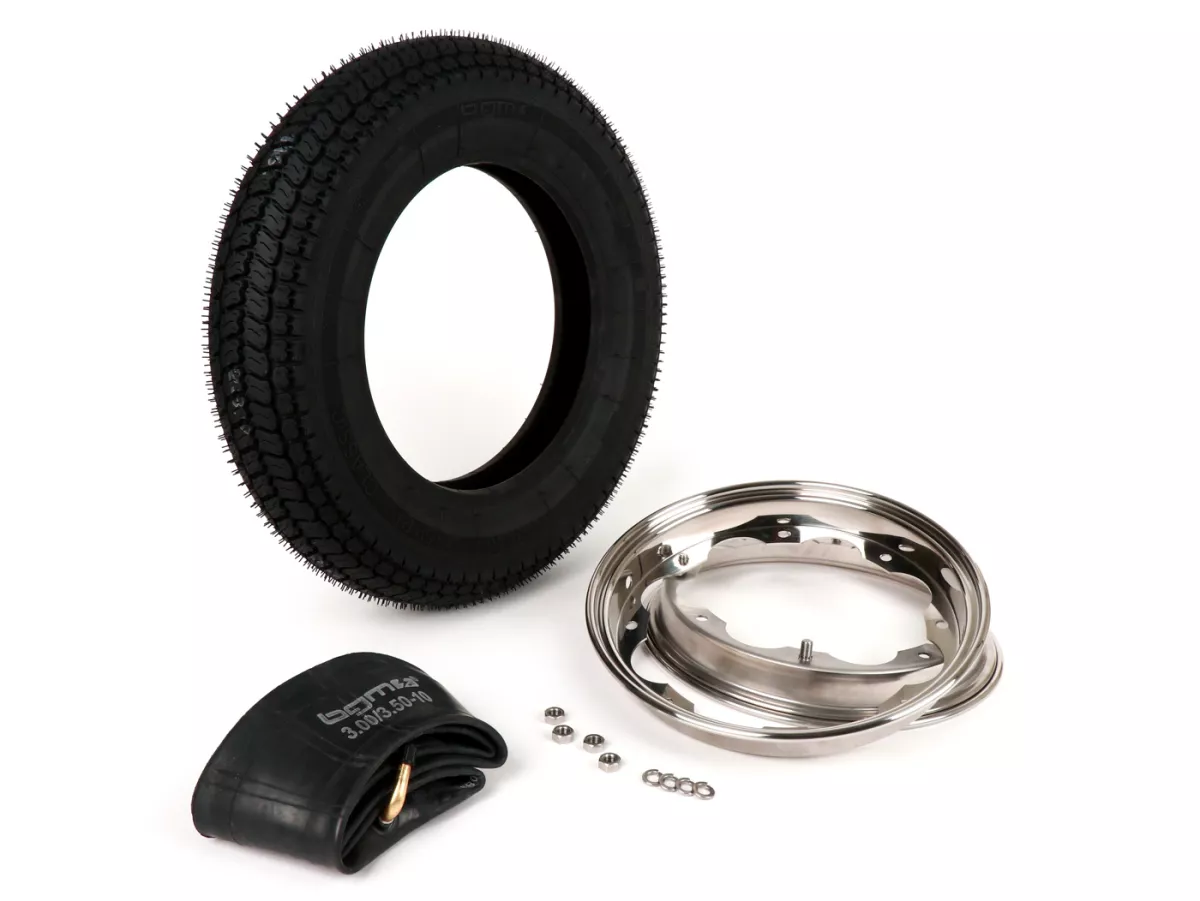 Bandenset -BGM Classic, Lambretta- 3.50 - 10 inch TT 59P (versterkt) - velg 2.15-10 gepolijst roestvrij staal