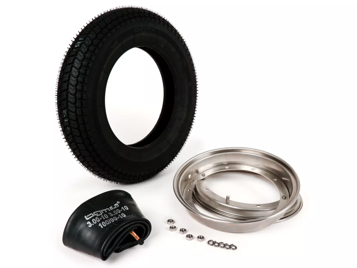 Complete bandenset -BGM Classic, Vespa 3.50 - 10 inch TT 59P (versterkt) - velg 2.10-10 roestvrij staal