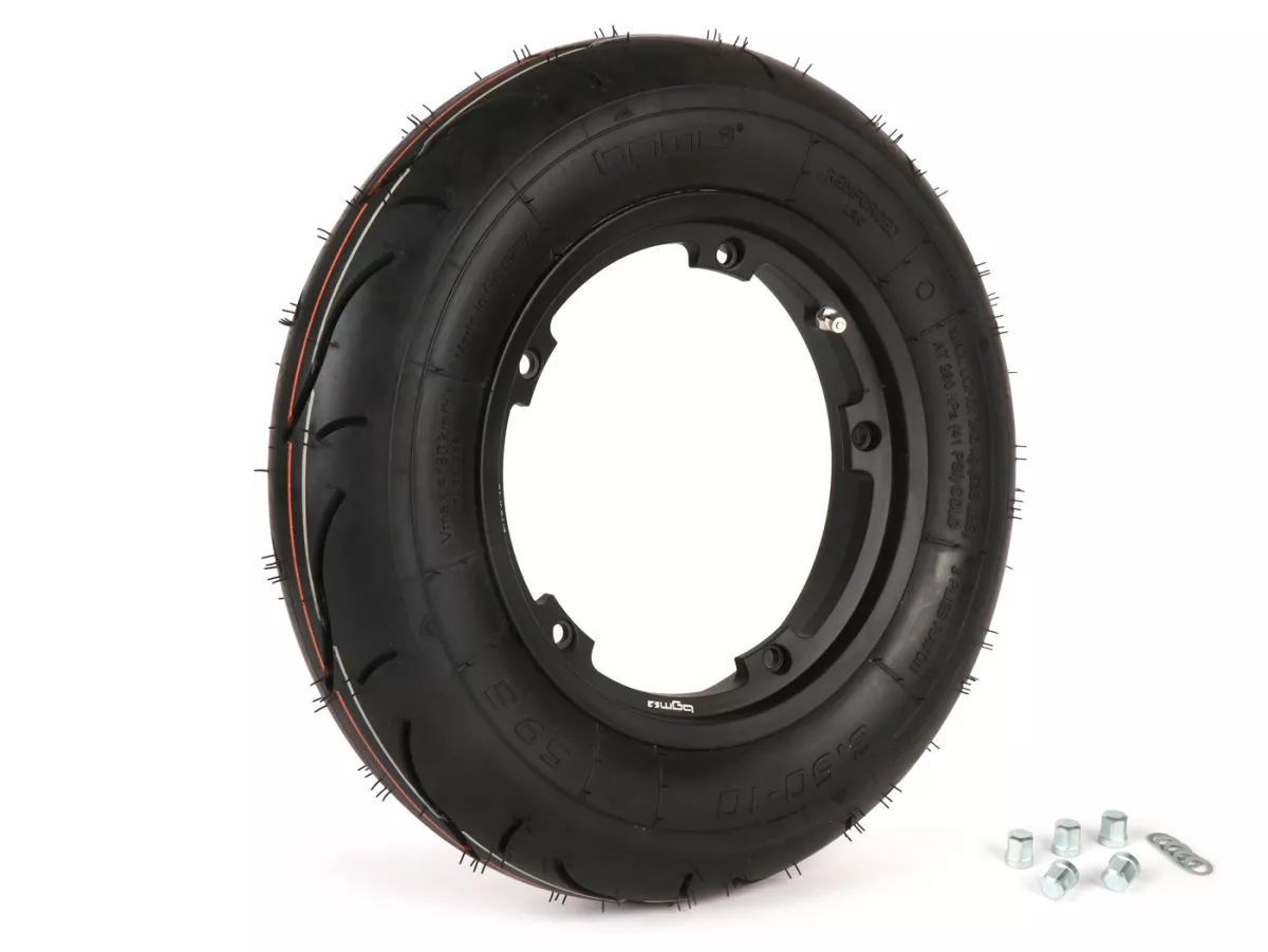 Rueda completa (neumático montado en llanta listo para montar) -BGM Sport, tubeless, Vespa Largeframe PX, Sprint, Rally, GT, GTR, TS, T4, LML Star/Stella- 3.50 - 10 pulgadas TL 59S (reforzada) - llanta 2.10-10 negra