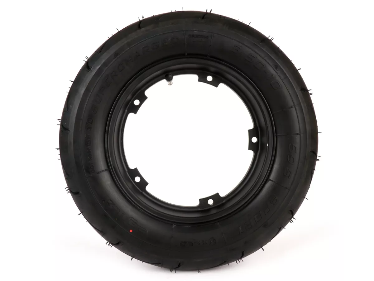 Rueda completa (neumático montado en llanta listo para montar) -BGM Sport, tubeless, Vespa Largeframe PX, Sprint, Rally, GT, GTR, TS, T4, LML Star/Stella- 3.50 - 10 pulgadas TL 59S (reforzada) - llanta 2.10-10 negra