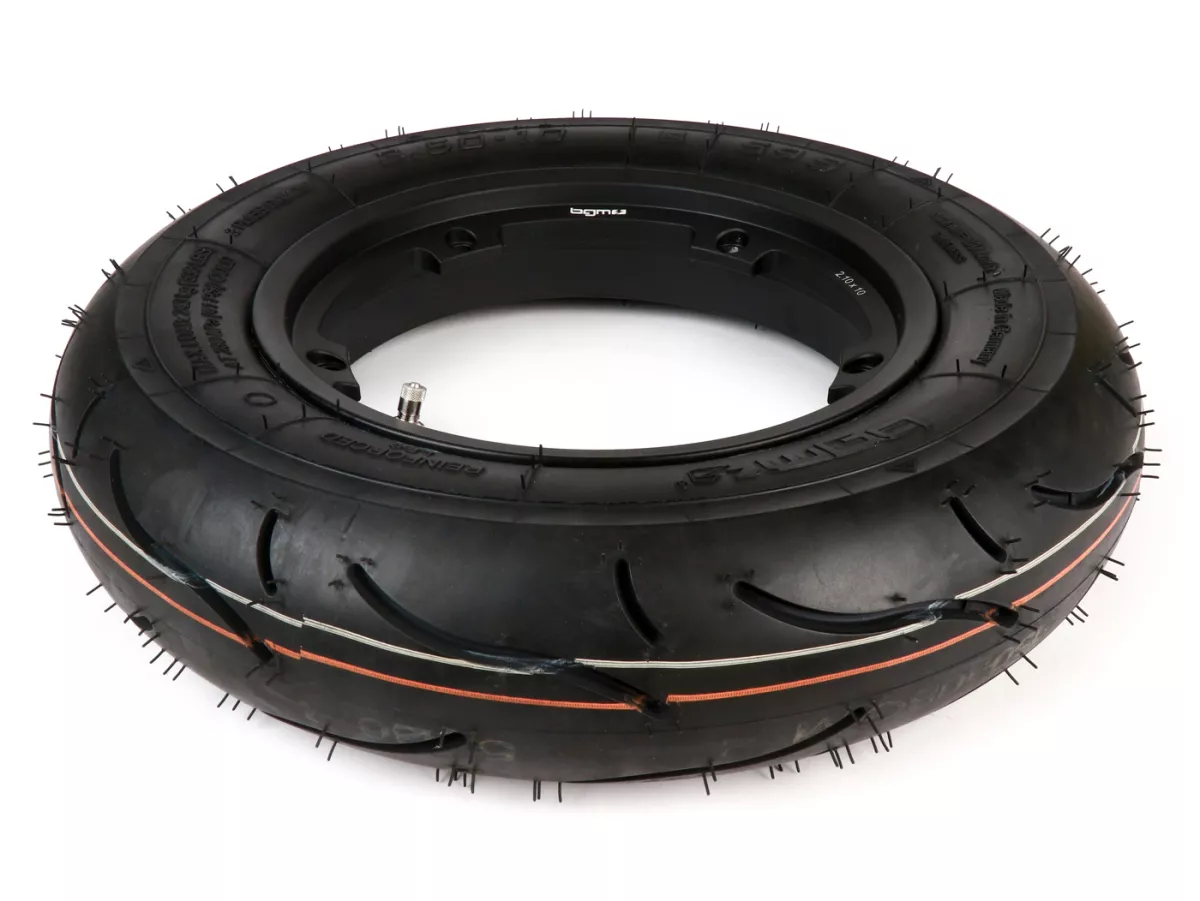 Rueda completa (neumático montado en llanta listo para montar) -BGM Sport, tubeless, Vespa Largeframe PX, Sprint, Rally, GT, GTR, TS, T4, LML Star/Stella- 3.50 - 10 pulgadas TL 59S (reforzada) - llanta 2.10-10 negra