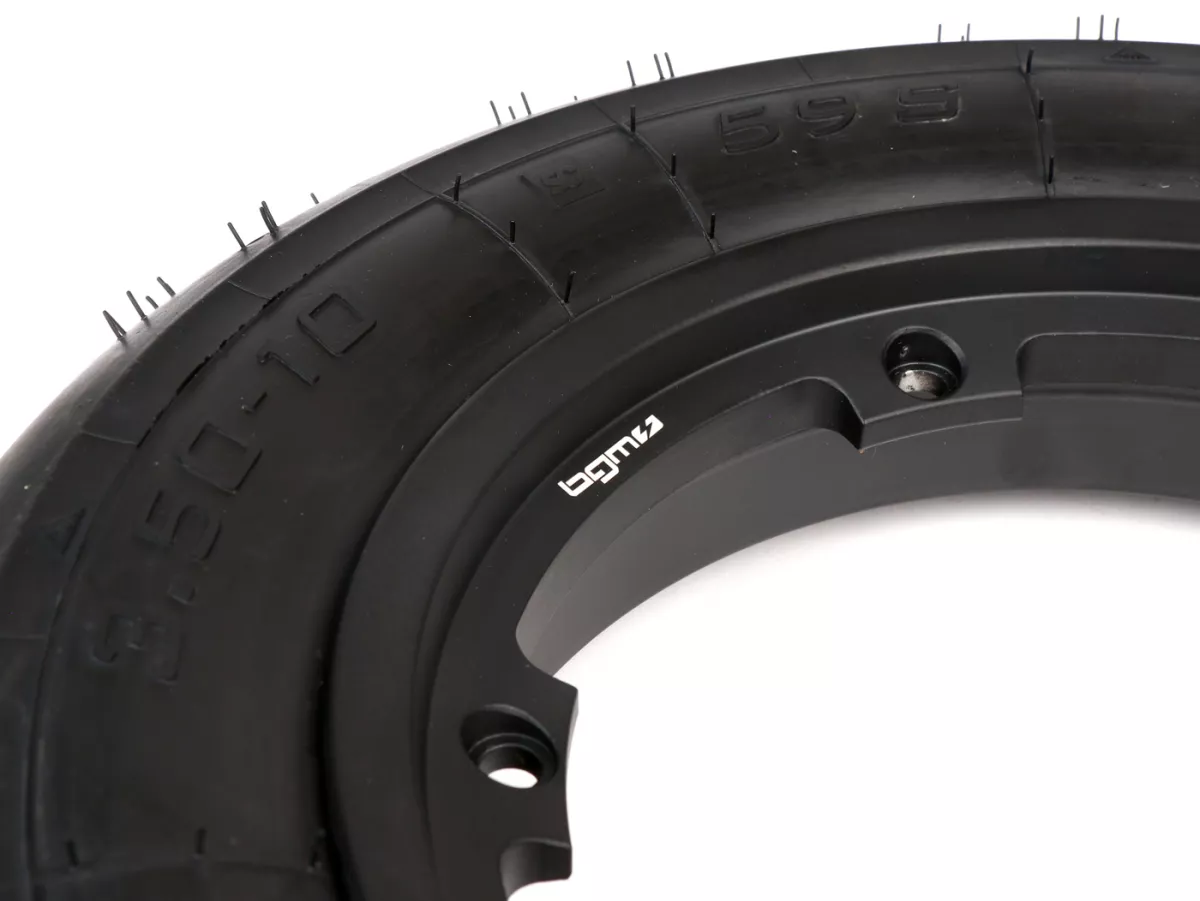 Rueda completa (neumático montado en llanta listo para montar) -BGM Sport, tubeless, Vespa Largeframe PX, Sprint, Rally, GT, GTR, TS, T4, LML Star/Stella- 3.50 - 10 pulgadas TL 59S (reforzada) - llanta 2.10-10 negra