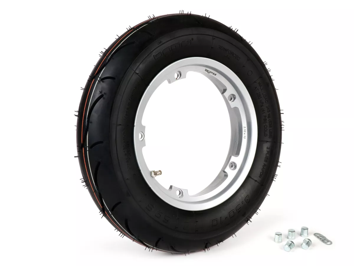 Komplett hjul (däcket är monterat på fälgen och klart för användning) -BGM Sport, slanglös, Vespa Largeframe PX, Sprint, Rally, GT, GTR, TS, T4, LML Star/Stella- 3.50 - 10 tum TL 59S (förstärkt) - Fälg 2.10-10 - Silver