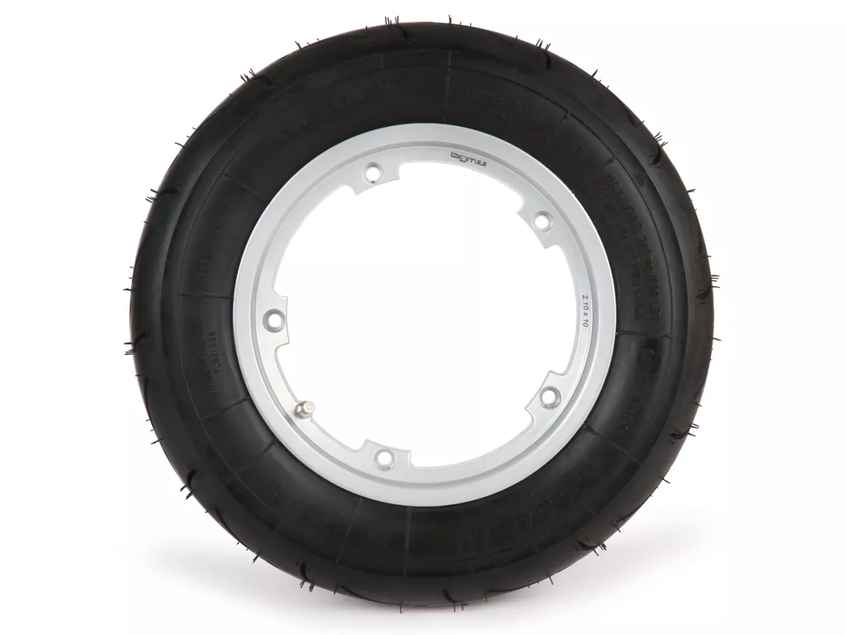 Komplett hjul (däcket är monterat på fälgen och klart för användning) -BGM Sport, slanglös, Vespa Largeframe PX, Sprint, Rally, GT, GTR, TS, T4, LML Star/Stella- 3.50 - 10 tum TL 59S (förstärkt) - Fälg 2.10-10 - Silver