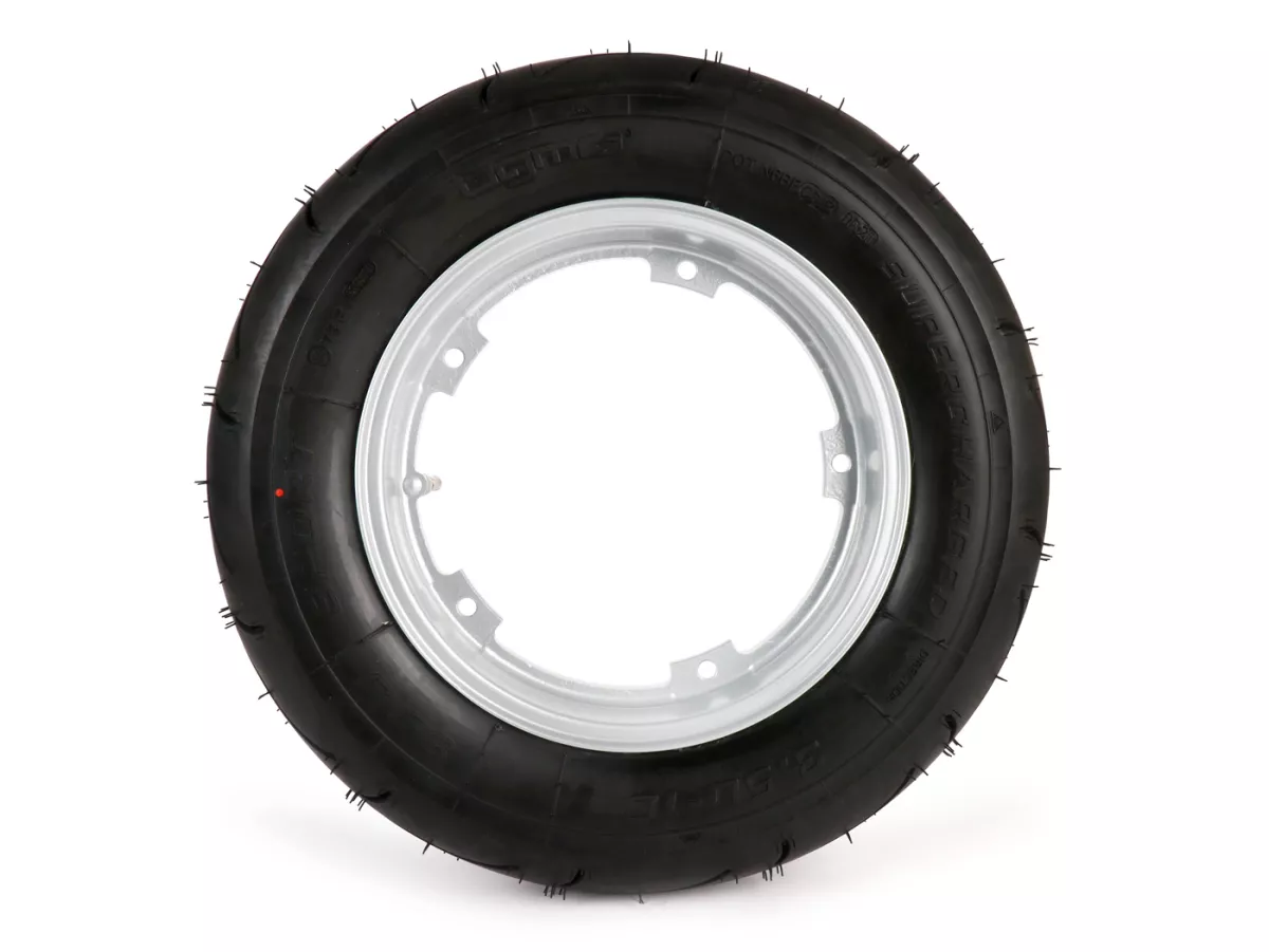 Komplett hjul (däcket är monterat på fälgen och klart för användning) -BGM Sport, slanglös, Vespa Largeframe PX, Sprint, Rally, GT, GTR, TS, T4, LML Star/Stella- 3.50 - 10 tum TL 59S (förstärkt) - Fälg 2.10-10 - Silver
