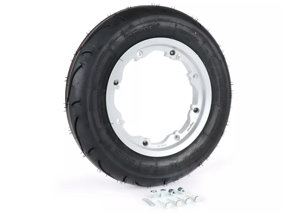 Komplett hjul -BGM Sport, slanglös, Lambretta- 3,50 - 10 tum TL 59S (förstärkt) - fälg 2,10-10 - silver