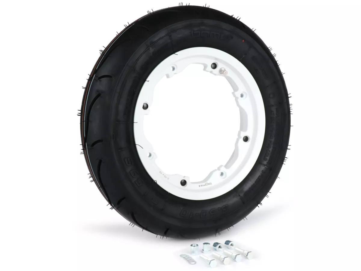 Rueda completa -BGM Sport, tubeless, Lambretta- 3.50 - 10 pulgadas TL 59S (reforzada) - llanta 2.10-10 blanca