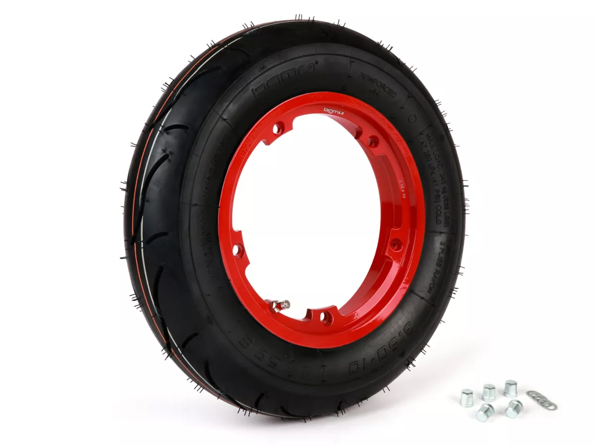 Compleet wiel (band gemonteerd op velg, rijklaar) -BGM Sport, tubeless, Vespa Largeframe PX, Sprint, Rally, GT, GTR, TS, T4, LML Star/Stella- 3.50 - 10 inch TL 59S (versterkt) - velg 2.10-10 rood