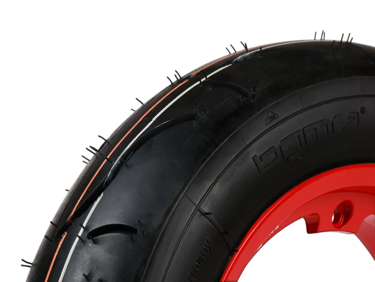 Compleet wiel (band gemonteerd op velg, rijklaar) -BGM Sport, tubeless, Vespa Largeframe PX, Sprint, Rally, GT, GTR, TS, T4, LML Star/Stella- 3.50 - 10 inch TL 59S (versterkt) - velg 2.10-10 rood