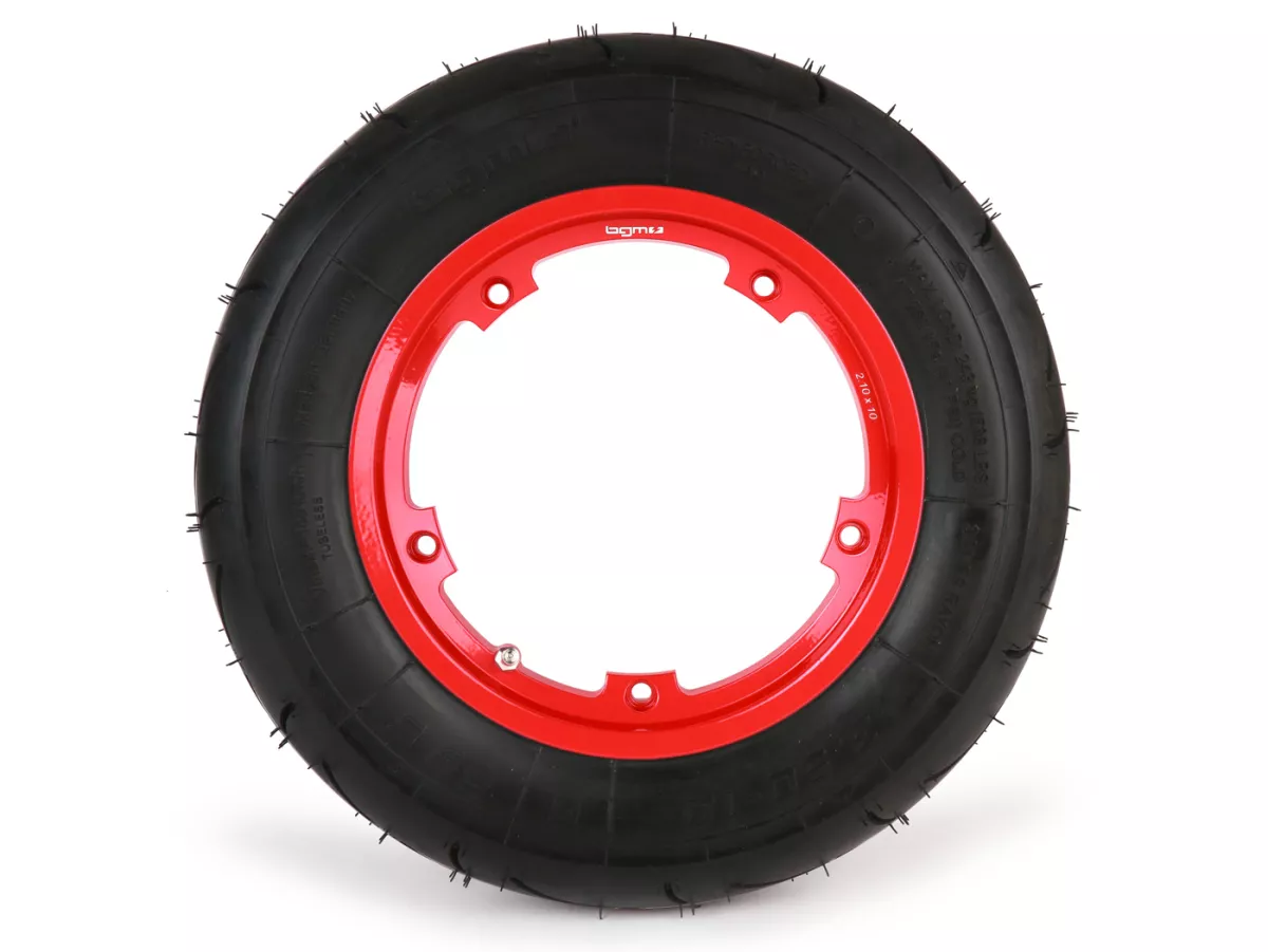 Compleet wiel (band gemonteerd op velg, rijklaar) -BGM Sport, tubeless, Vespa Largeframe PX, Sprint, Rally, GT, GTR, TS, T4, LML Star/Stella- 3.50 - 10 inch TL 59S (versterkt) - velg 2.10-10 rood