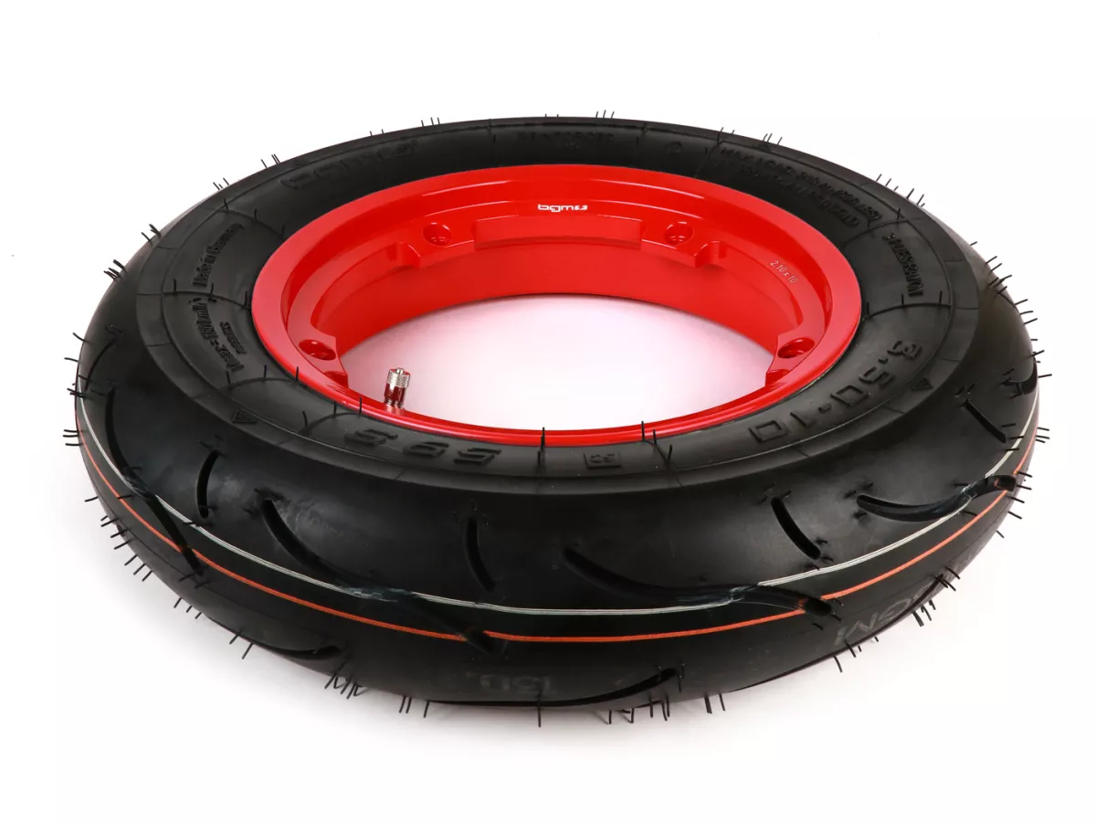 Compleet wiel (band gemonteerd op velg, rijklaar) -BGM Sport, tubeless, Vespa Largeframe PX, Sprint, Rally, GT, GTR, TS, T4, LML Star/Stella- 3.50 - 10 inch TL 59S (versterkt) - velg 2.10-10 rood