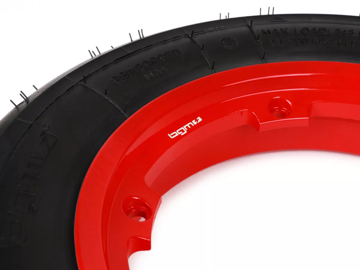 Compleet wiel (band gemonteerd op velg, rijklaar) -BGM Sport, tubeless, Vespa Largeframe PX, Sprint, Rally, GT, GTR, TS, T4, LML Star/Stella- 3.50 - 10 inch TL 59S (versterkt) - velg 2.10-10 rood