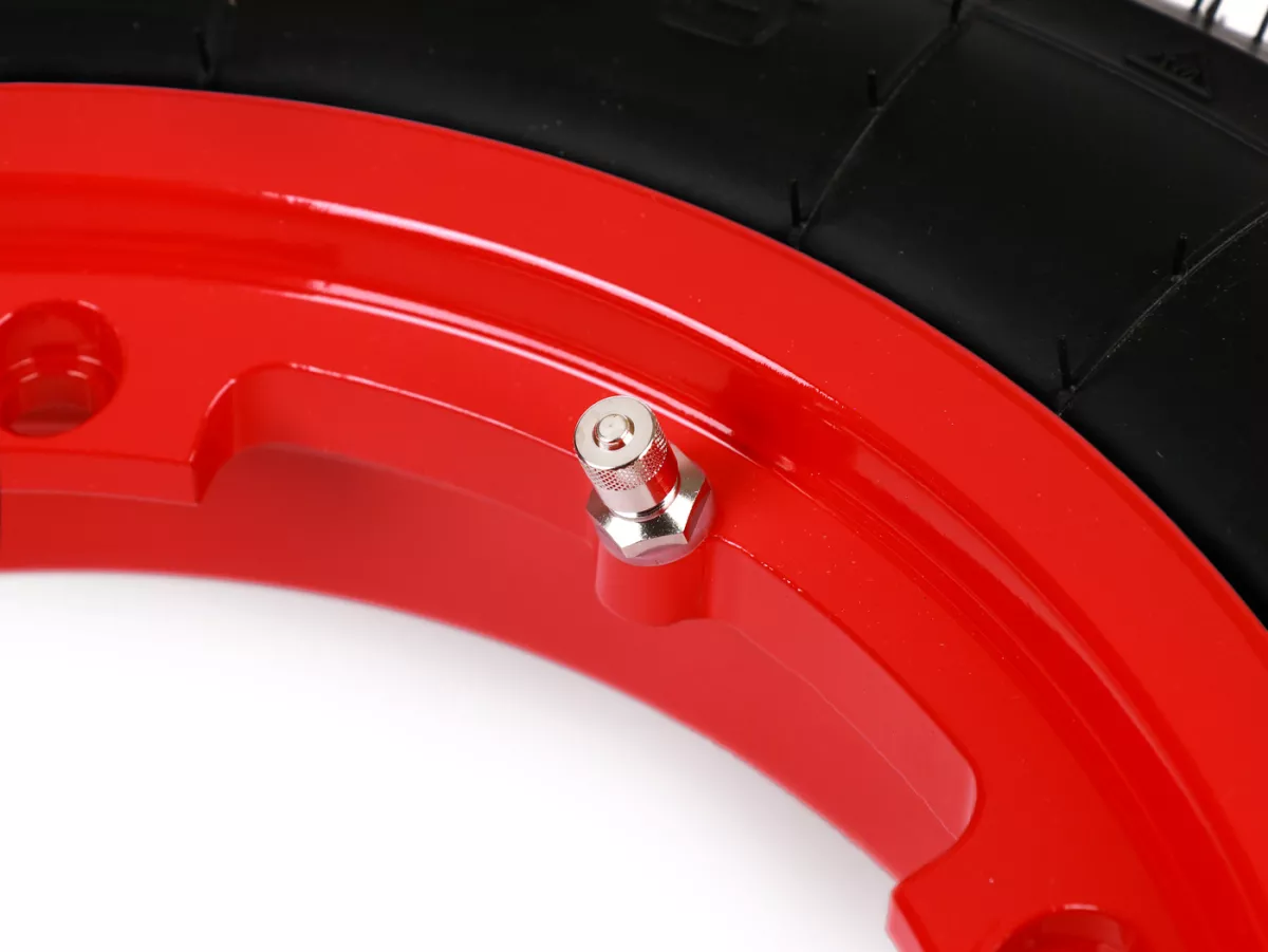 Compleet wiel (band gemonteerd op velg, rijklaar) -BGM Sport, tubeless, Vespa Largeframe PX, Sprint, Rally, GT, GTR, TS, T4, LML Star/Stella- 3.50 - 10 inch TL 59S (versterkt) - velg 2.10-10 rood