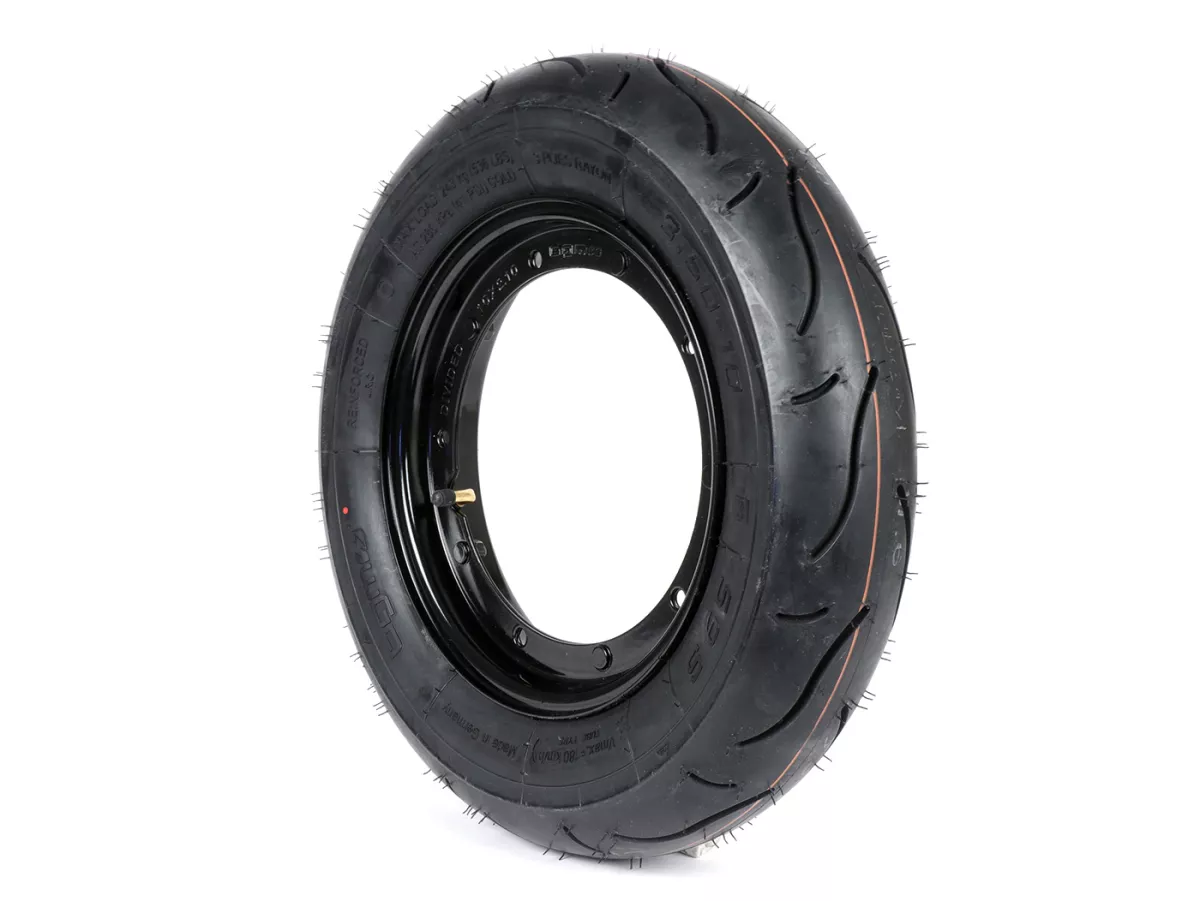 Roda lengkap (ban siap pakai yang dipasang pada pelek) -BGM Sport, Vespa Largeframe PX, Sprint, Rally, GT, GTR, TS, T4, LML Star/Stella- 3.50 - 10 inci TT 59S (diperkuat) - pelek baja, dicat 2.10 - 10 - hitam