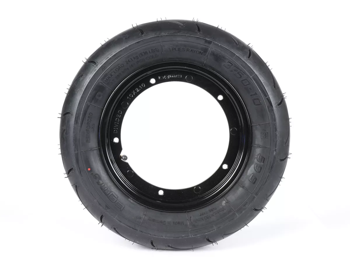Roda lengkap (ban siap pakai yang dipasang pada pelek) -BGM Sport, Vespa Largeframe PX, Sprint, Rally, GT, GTR, TS, T4, LML Star/Stella- 3.50 - 10 inci TT 59S (diperkuat) - pelek baja, dicat 2.10 - 10 - hitam