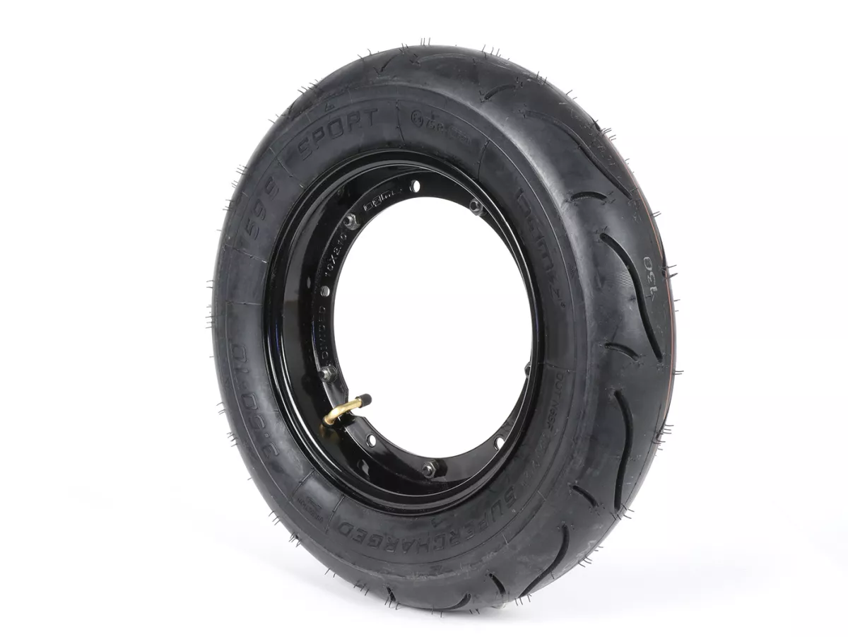 Roda lengkap (ban siap pakai yang dipasang pada pelek) -BGM Sport, Vespa Largeframe PX, Sprint, Rally, GT, GTR, TS, T4, LML Star/Stella- 3.50 - 10 inci TT 59S (diperkuat) - pelek baja, dicat 2.10 - 10 - hitam