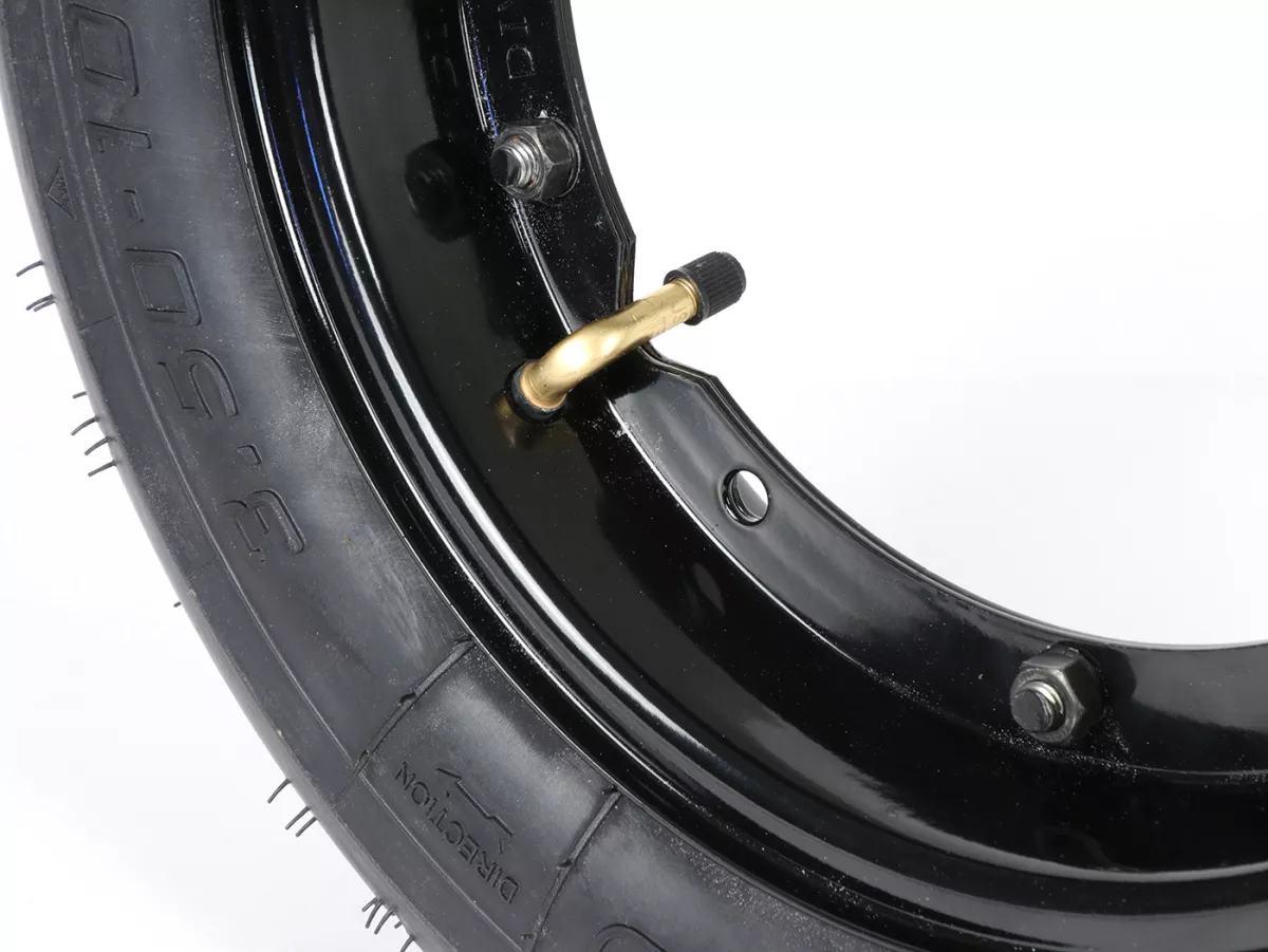 Roda lengkap (ban siap pakai yang dipasang pada pelek) -BGM Sport, Vespa Largeframe PX, Sprint, Rally, GT, GTR, TS, T4, LML Star/Stella- 3.50 - 10 inci TT 59S (diperkuat) - pelek baja, dicat 2.10 - 10 - hitam