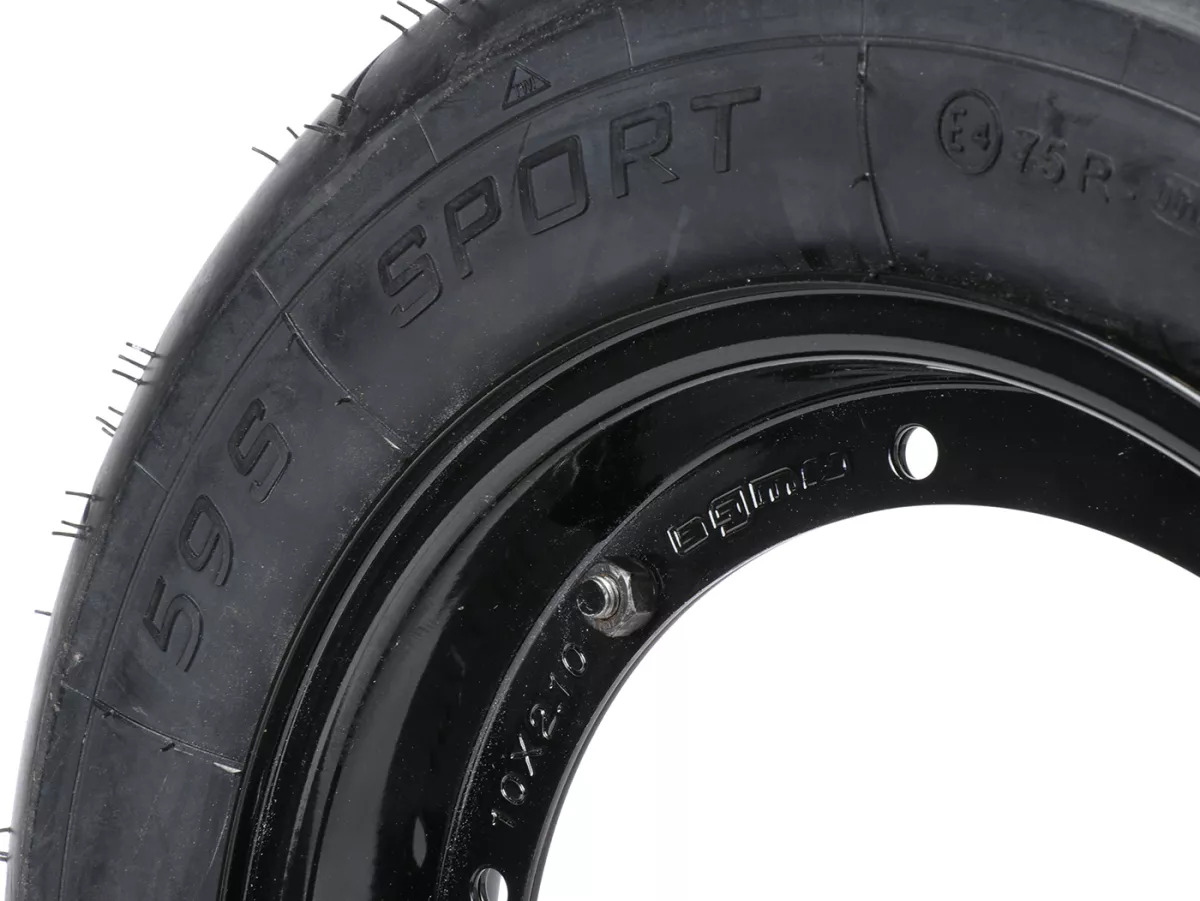Roda lengkap (ban siap pakai yang dipasang pada pelek) -BGM Sport, Vespa Largeframe PX, Sprint, Rally, GT, GTR, TS, T4, LML Star/Stella- 3.50 - 10 inci TT 59S (diperkuat) - pelek baja, dicat 2.10 - 10 - hitam