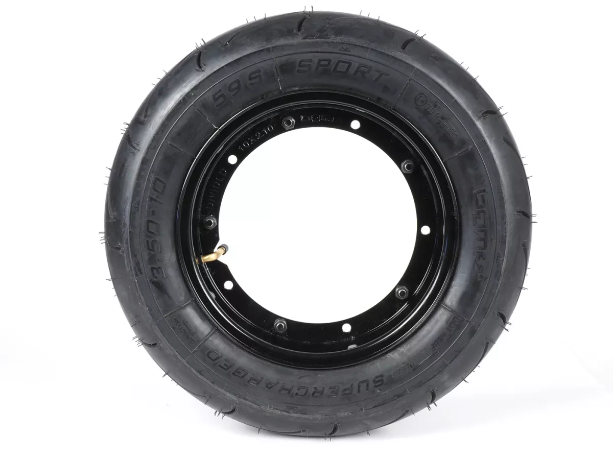 Roda lengkap (ban siap pakai yang dipasang pada pelek) -BGM Sport, Vespa Largeframe PX, Sprint, Rally, GT, GTR, TS, T4, LML Star/Stella- 3.50 - 10 inci TT 59S (diperkuat) - pelek baja, dicat 2.10 - 10 - hitam