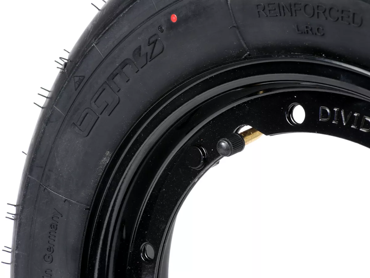 Roda lengkap (ban siap pakai yang dipasang pada pelek) -BGM Sport, Vespa Largeframe PX, Sprint, Rally, GT, GTR, TS, T4, LML Star/Stella- 3.50 - 10 inci TT 59S (diperkuat) - pelek baja, dicat 2.10 - 10 - hitam