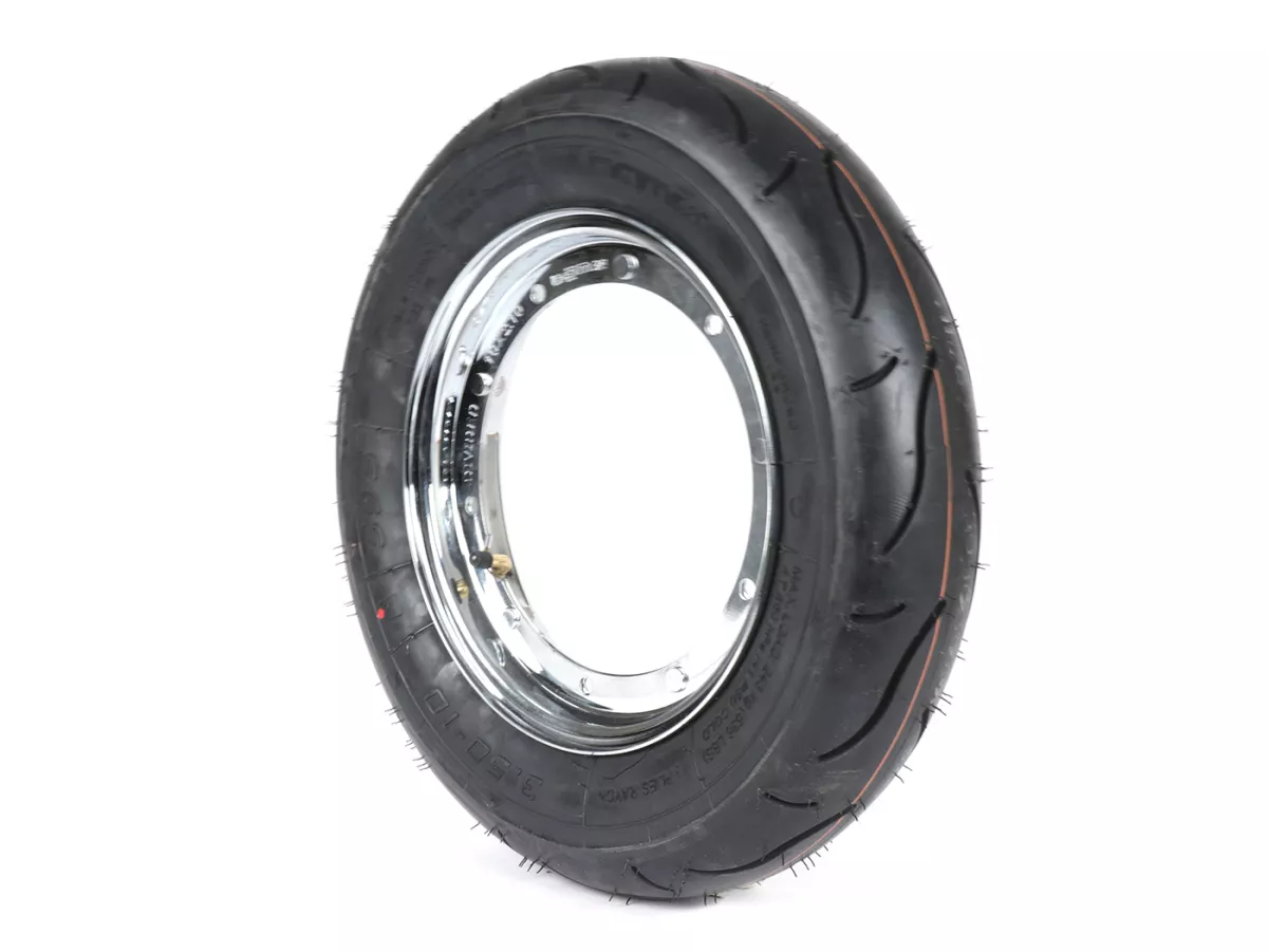 Roue complète (pneu monté sur jante et prêt à rouler) -BGM Sport, Vespa Largeframe PX, Sprint, Rally, GT, GTR, TS, T4, LML Star/Stella- 3.50 - 10 pouces TT 59S (reinforced) - Jante acier, peinte 2.10- 10 - chrome