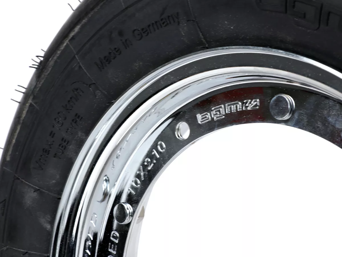 Roue complète (pneu monté sur jante et prêt à rouler) -BGM Sport, Vespa Largeframe PX, Sprint, Rally, GT, GTR, TS, T4, LML Star/Stella- 3.50 - 10 pouces TT 59S (reinforced) - Jante acier, peinte 2.10- 10 - chrome