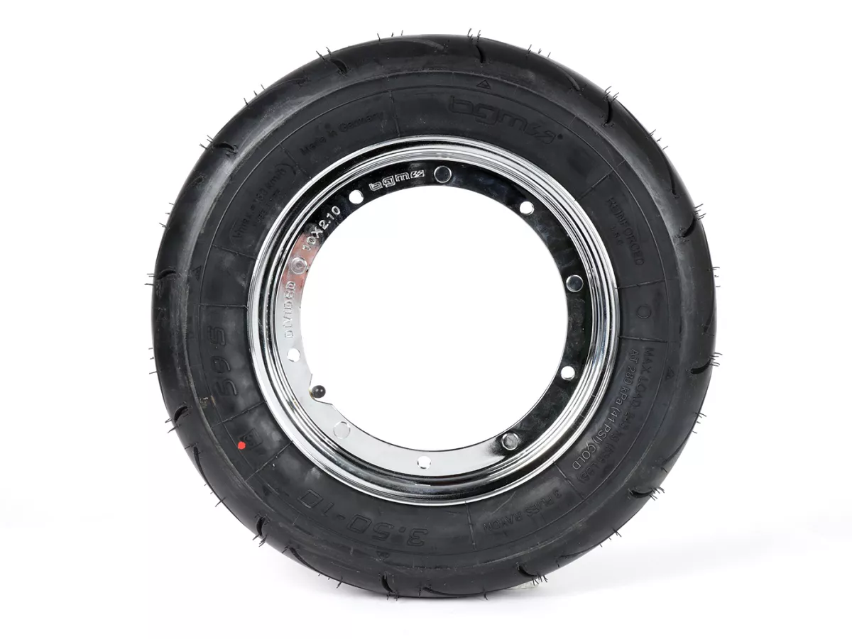 Roue complète (pneu monté sur jante et prêt à rouler) -BGM Sport, Vespa Largeframe PX, Sprint, Rally, GT, GTR, TS, T4, LML Star/Stella- 3.50 - 10 pouces TT 59S (reinforced) - Jante acier, peinte 2.10- 10 - chrome