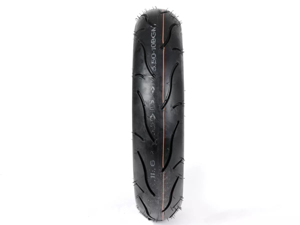 Roue complète (pneu monté sur jante et prêt à rouler) -BGM Sport, Vespa Largeframe PX, Sprint, Rally, GT, GTR, TS, T4, LML Star/Stella- 3.50 - 10 pouces TT 59S (reinforced) - Jante acier, peinte 2.10- 10 - chrome