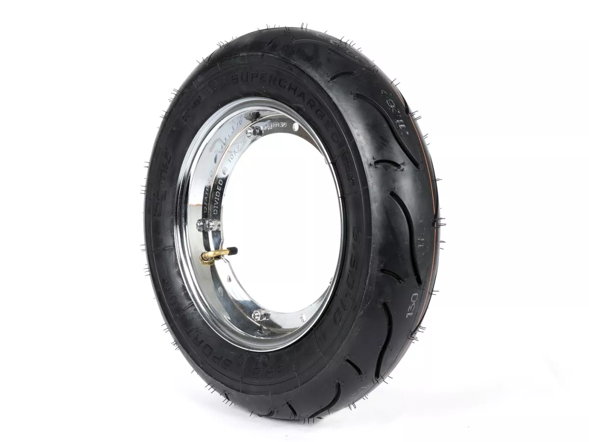 Roue complète (pneu monté sur jante et prêt à rouler) -BGM Sport, Vespa Largeframe PX, Sprint, Rally, GT, GTR, TS, T4, LML Star/Stella- 3.50 - 10 pouces TT 59S (reinforced) - Jante acier, peinte 2.10- 10 - chrome