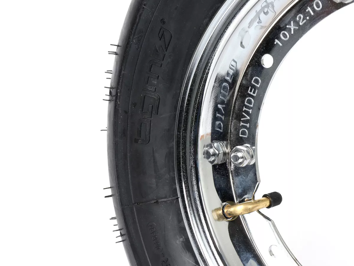 Roue complète (pneu monté sur jante et prêt à rouler) -BGM Sport, Vespa Largeframe PX, Sprint, Rally, GT, GTR, TS, T4, LML Star/Stella- 3.50 - 10 pouces TT 59S (reinforced) - Jante acier, peinte 2.10- 10 - chrome