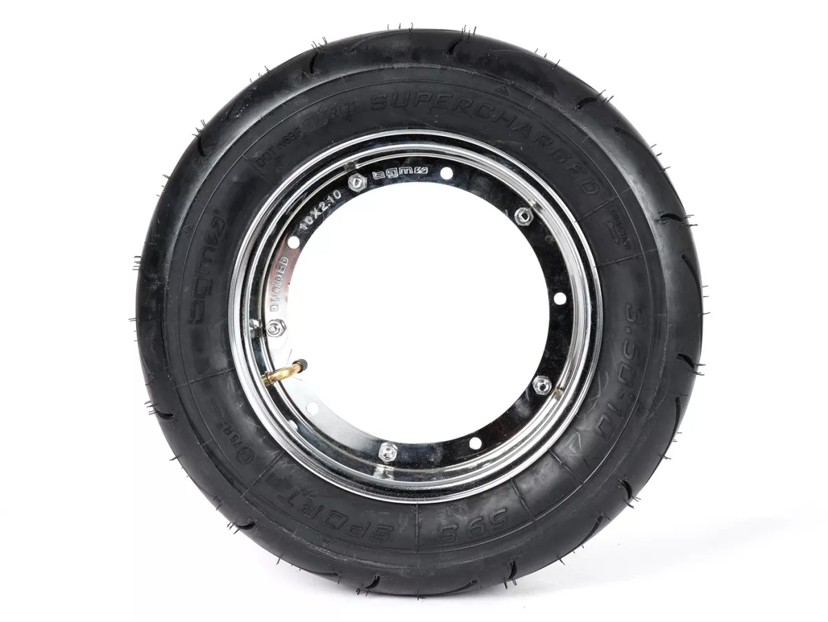 Roue complète (pneu monté sur jante et prêt à rouler) -BGM Sport, Vespa Largeframe PX, Sprint, Rally, GT, GTR, TS, T4, LML Star/Stella- 3.50 - 10 pouces TT 59S (reinforced) - Jante acier, peinte 2.10- 10 - chrome