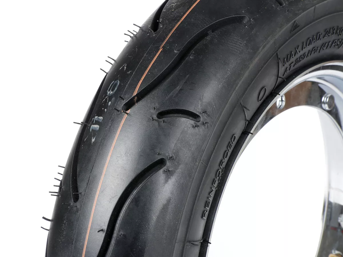 Roue complète (pneu monté sur jante et prêt à rouler) -BGM Sport, Vespa Largeframe PX, Sprint, Rally, GT, GTR, TS, T4, LML Star/Stella- 3.50 - 10 pouces TT 59S (reinforced) - Jante acier, peinte 2.10- 10 - chrome