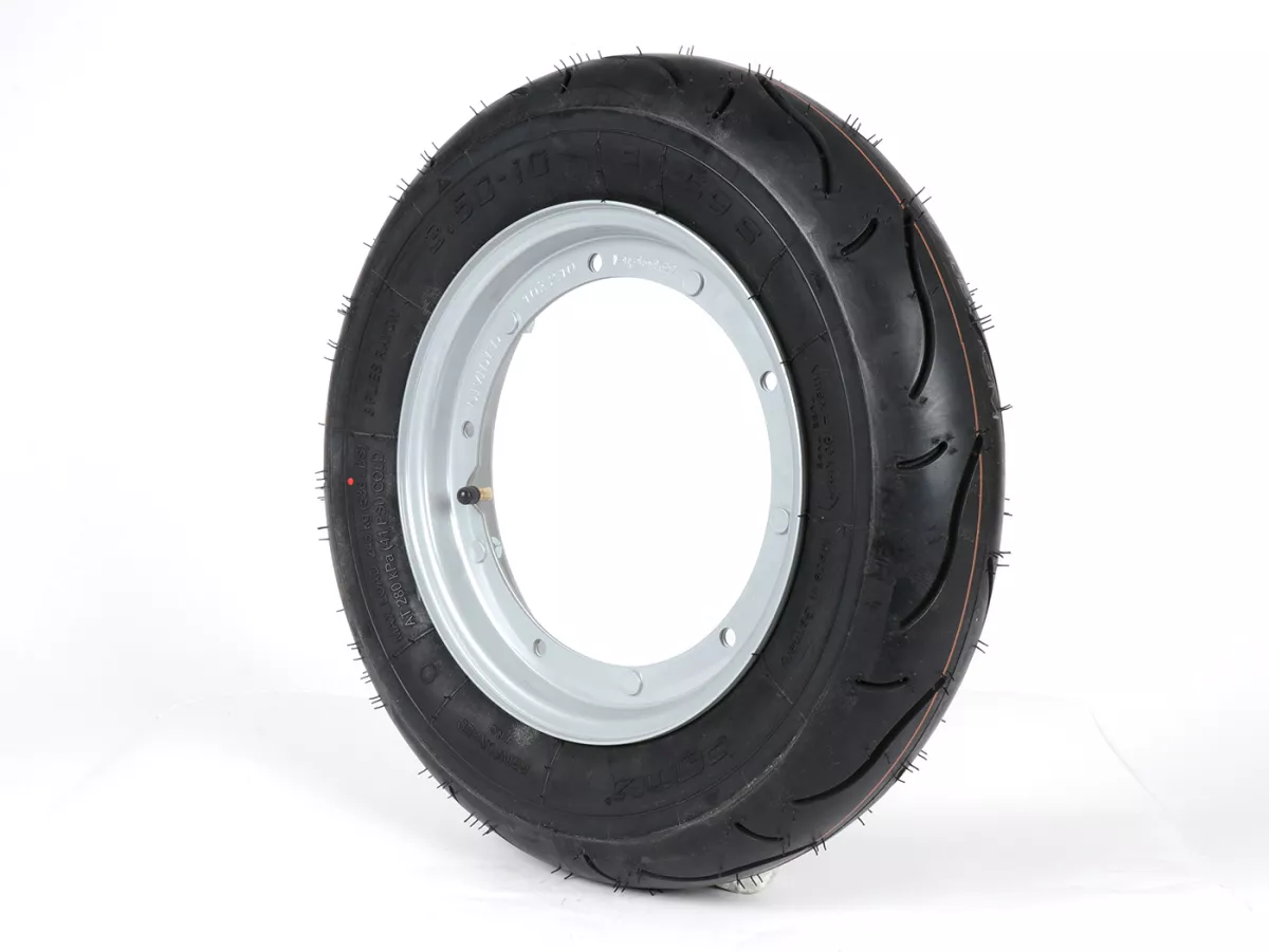 Komplett hjul (körklart däck monterat på fälg) -BGM Sport, Vespa Largeframe PX, Sprint, Rally, GT, GTR, TS, T4, LML Star/Stella- 3.50 - 10 inch TT 59S (förstärkt) - Fälg stål, målad 2.10- 10 - Grå