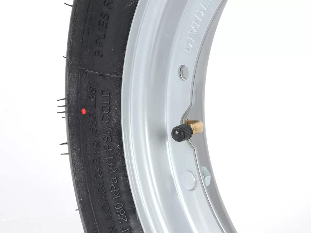Komplett hjul (körklart däck monterat på fälg) -BGM Sport, Vespa Largeframe PX, Sprint, Rally, GT, GTR, TS, T4, LML Star/Stella- 3.50 - 10 inch TT 59S (förstärkt) - Fälg stål, målad 2.10- 10 - Grå