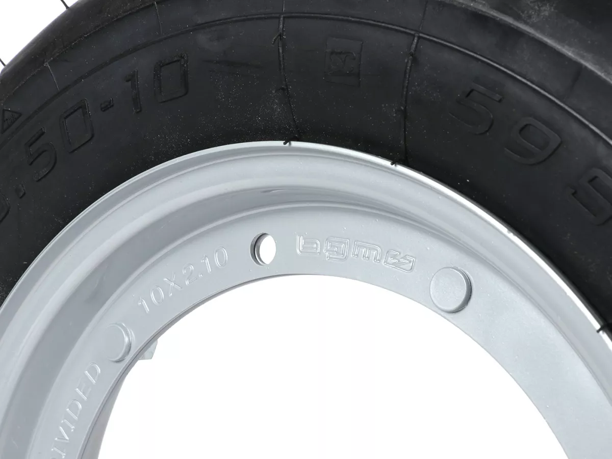 Komplett hjul (körklart däck monterat på fälg) -BGM Sport, Vespa Largeframe PX, Sprint, Rally, GT, GTR, TS, T4, LML Star/Stella- 3.50 - 10 inch TT 59S (förstärkt) - Fälg stål, målad 2.10- 10 - Grå