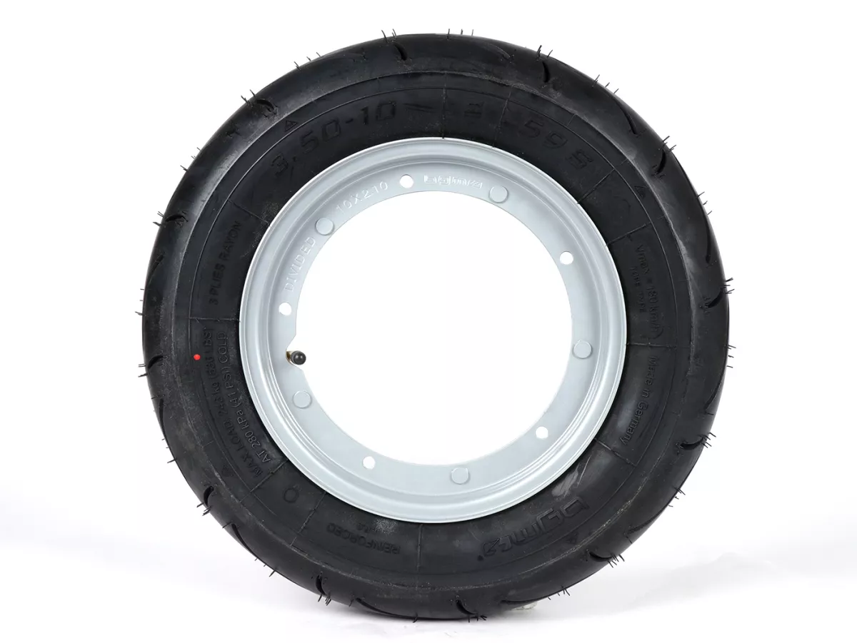 Komplett hjul (körklart däck monterat på fälg) -BGM Sport, Vespa Largeframe PX, Sprint, Rally, GT, GTR, TS, T4, LML Star/Stella- 3.50 - 10 inch TT 59S (förstärkt) - Fälg stål, målad 2.10- 10 - Grå