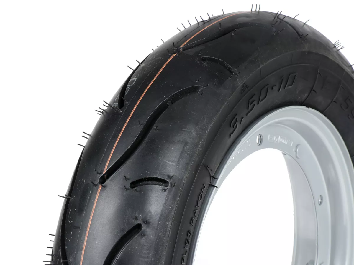 Komplett hjul (körklart däck monterat på fälg) -BGM Sport, Vespa Largeframe PX, Sprint, Rally, GT, GTR, TS, T4, LML Star/Stella- 3.50 - 10 inch TT 59S (förstärkt) - Fälg stål, målad 2.10- 10 - Grå