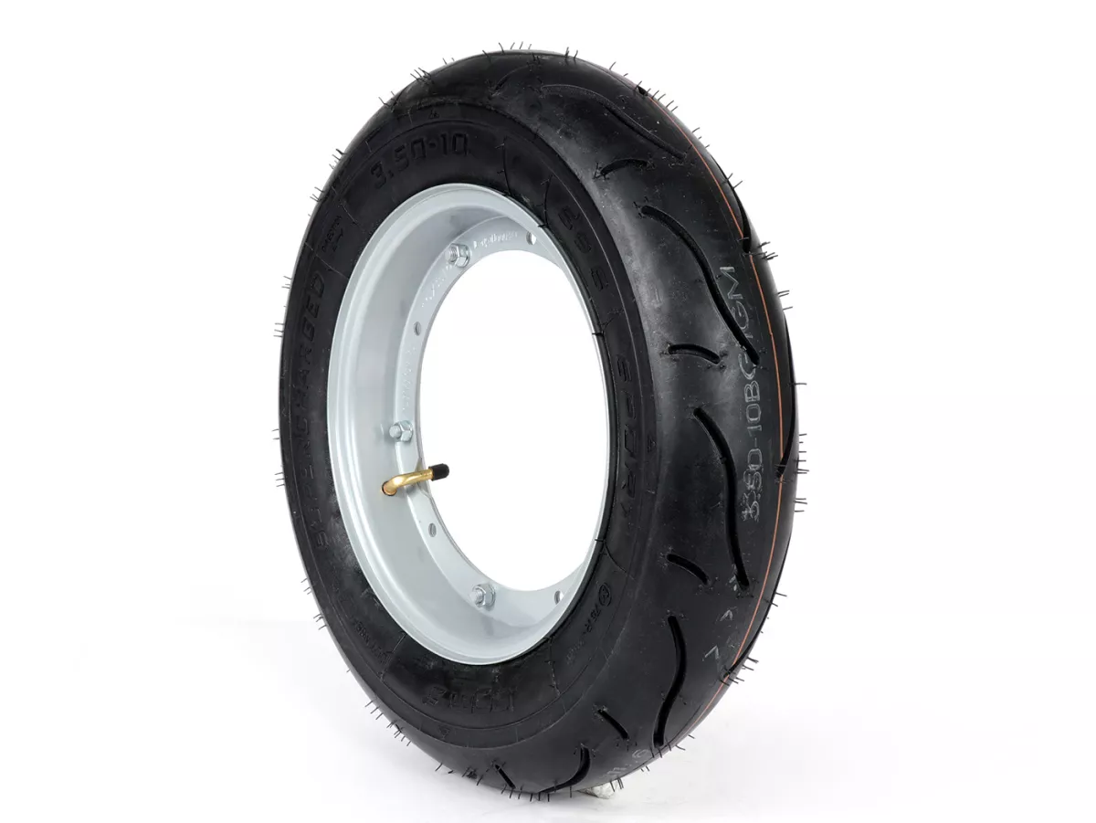 Komplett hjul (körklart däck monterat på fälg) -BGM Sport, Vespa Largeframe PX, Sprint, Rally, GT, GTR, TS, T4, LML Star/Stella- 3.50 - 10 inch TT 59S (förstärkt) - Fälg stål, målad 2.10- 10 - Grå