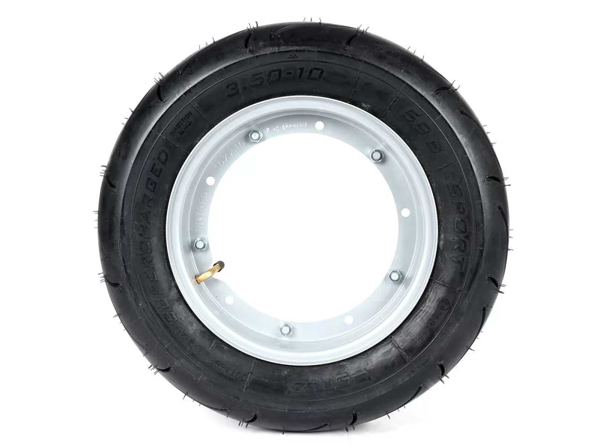 Komplett hjul (körklart däck monterat på fälg) -BGM Sport, Vespa Largeframe PX, Sprint, Rally, GT, GTR, TS, T4, LML Star/Stella- 3.50 - 10 inch TT 59S (förstärkt) - Fälg stål, målad 2.10- 10 - Grå