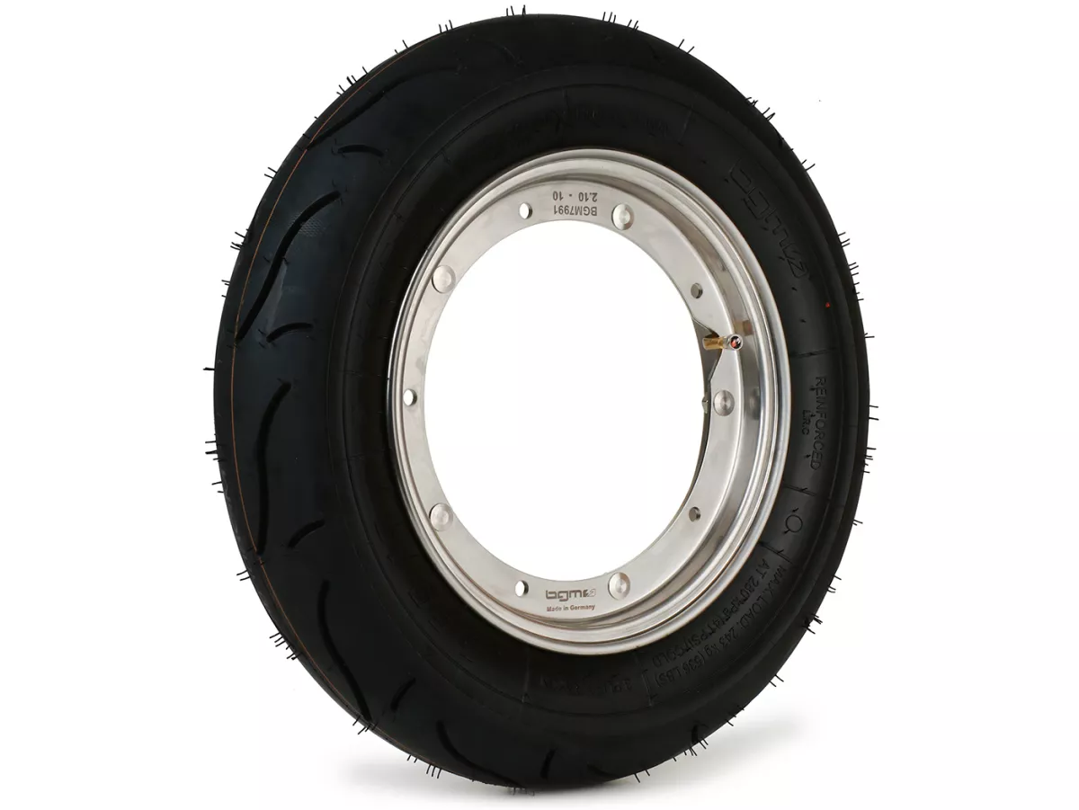 Roda lengkap (ban terpasang pada pelek yang siap dikendarai) -BGM Sport, Vespa Largeframe PX, Sprint, Rally, GT, GTR, TS, T4, LML Star/Stella- 3.50 - 10 inci TT 59P (diperkuat) - Pelek baja tahan karat 2.10 - 10 -